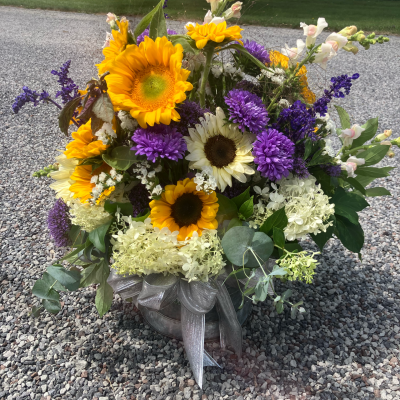 sunflower and purple flowers