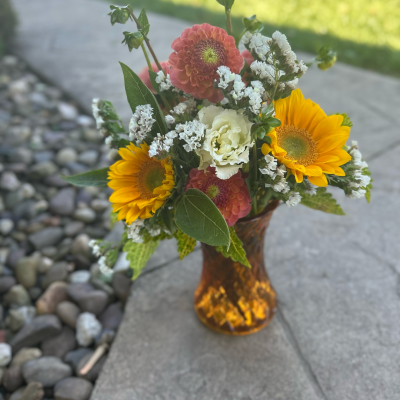 sunflower and red flowers
